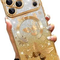 Illians Glitter Phone Case Made for iPhone 17 Pro Max, Gold Butterfly
