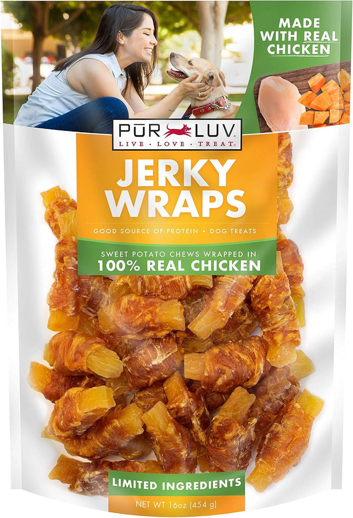 Pur Luv Chicken Wrapped Sweet Potato Dog Treats, Rawhide Free Jerky Wraps, Made with Real Chicken, 16 Oz, Healthy, Easil