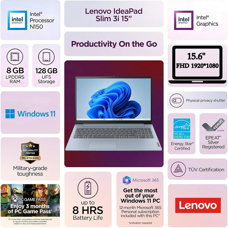 Lenovo 15.6" FHD Business Laptop, Intel Processor, 8GB DDR5, 128GB Storage