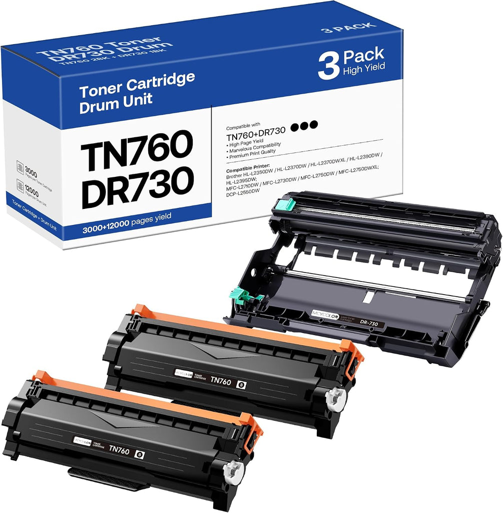 TN760 Toner Cartridge and DR730 Drum Unit Replacement for Brother TN 760 TN-760 TN730 DR-730 Compatible with MFC-L2710DW