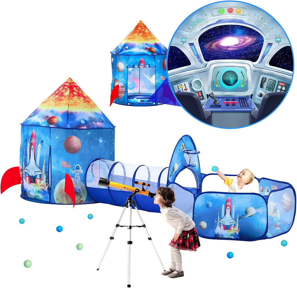 PigPigPen 3pc Kids Play Tent for Boys with Ball Pit, Crawl Tunnel, Rocket Ship Tents for Toddlers, Baby Space World Play