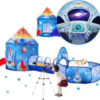 PigPigPen 3pc Kids Play Tent for Boys with Ball Pit, Crawl Tunnel, Rocket Ship Tents for Toddlers, Baby Space World Play
