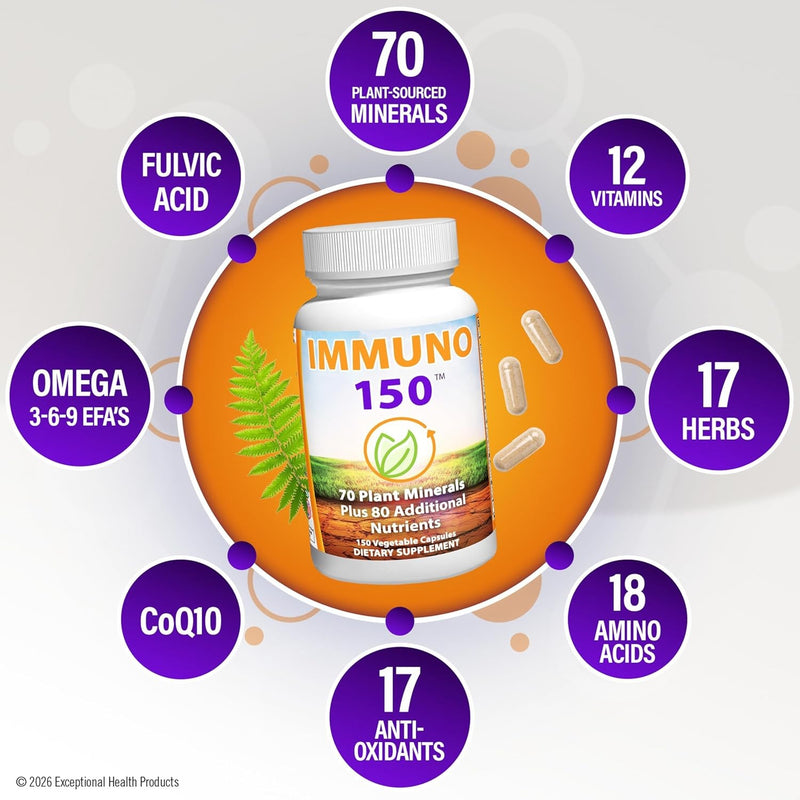 Immuno 150, suplemento para el sistema inmune, repleto de 70 minerales vegetales, 13 vitaminas esenciales y 68 nutrientes adicionales - 150 cápsulas vegetales - Refuerzo inmune para todos los grupos