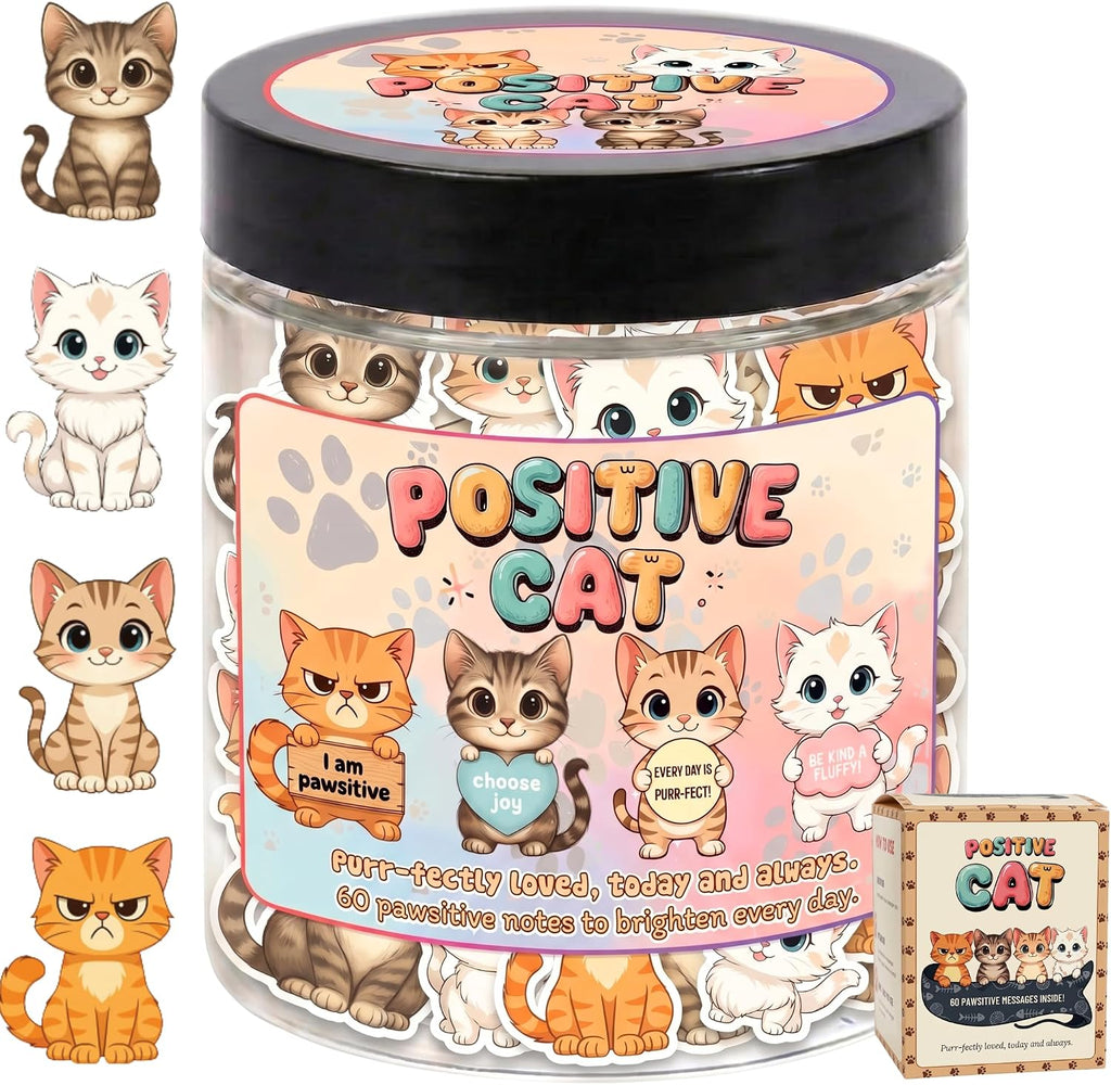 DEARMINE Positive Cat Jar, 60 Affirmation Cards, Cat Lover Gifts for Women