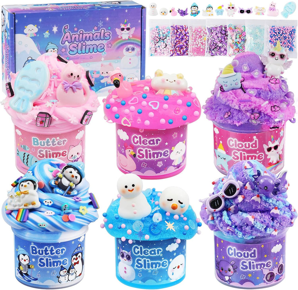 6-Pack Animal Slime Kit for Kids, Butter Cloud Squishy Birthday Gift Set