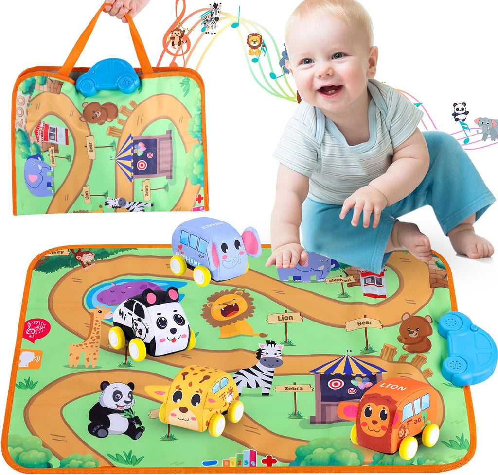 Jetbotell Soft Pull Back Vehicle & Music Mat Set for Toddler Toys 1-3