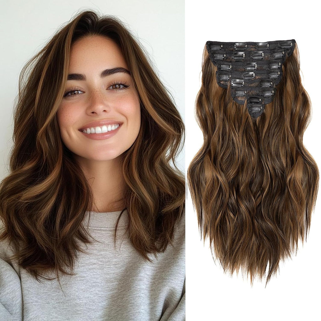 Clip in Hair Extensions for Women, 8PCS 16 Inch Wavy Dark Brown Mix Light Brown Curly Hair Extensions Clip Ins, Syntheti