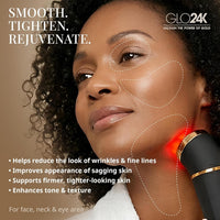 GLO24K UNLEASH THE POWER OF GOLD GLO24K - Dispositivo de belleza de luz roja para cara y cuello, masajeador facial y cuello 3 en 1 con triple LED y tecnología de vibración avanzada