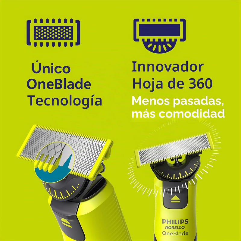 Philips Norelco OneBlade 360 con conectividad híbrida cara + cuerpo, recortadora eléctrica de barba, afeitadora y peluquería corporal con tecnología de cuchillas 360, hoja 1 x 360, peine 5 en 1, estuc