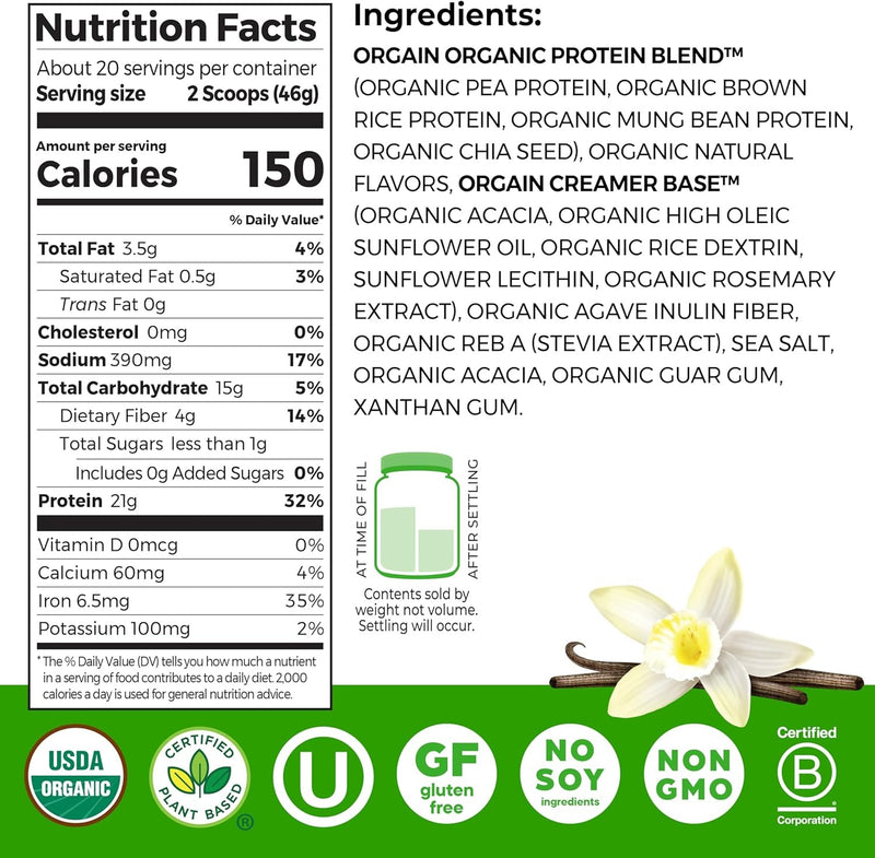 Orgain - Proteína orgánica a base de plantas vegetales, vegano, bajo en carbohidratos, sin lácteos, sin gluten, sin azúcares añadidos, sin soya, Kosher, sin OMG, 720 g