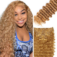20 Inch Honey Blonde Clip in Hair Extensions,Soft Real Human Hair 120g 7pcs,Brazilian Remy Clip ins,Color 27 Deep Wave Clip ins Silky Hair Extensions