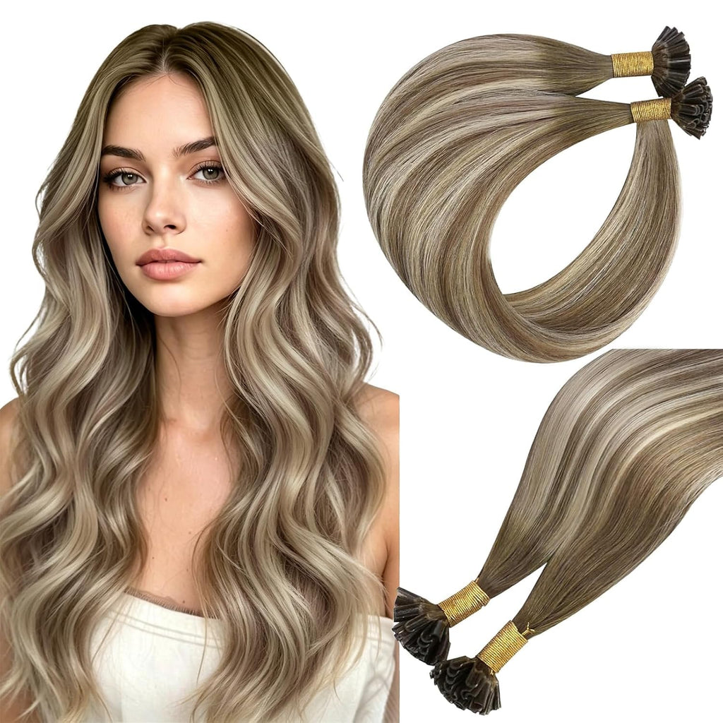 Easyouth 18 Inch U Tip Hair Extensions Human Hair Balayage, Invisible Utips Hair Extensions Darker Brown Ombre, 50G 50S,