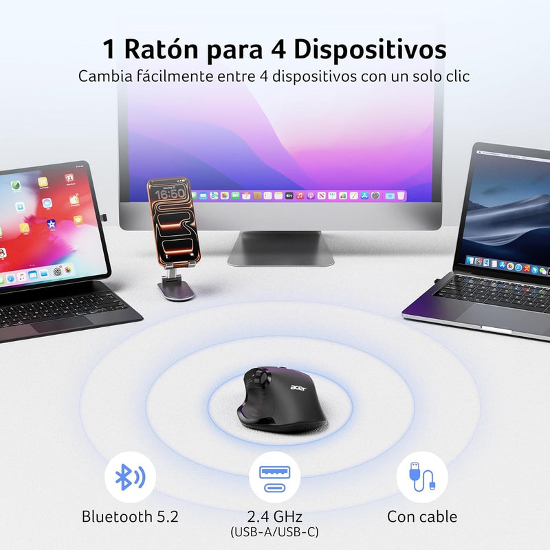 Acer Wireless Mouse for Laptop, Bluetooth Computer Mouse Ergonomic for 4 Devices(2.4Ghz+BT 5.2+Wired), OLED Screen Rechargeable Mice, 5 Programmable Buttons, 4000 DPI for MacBook PC Desktop