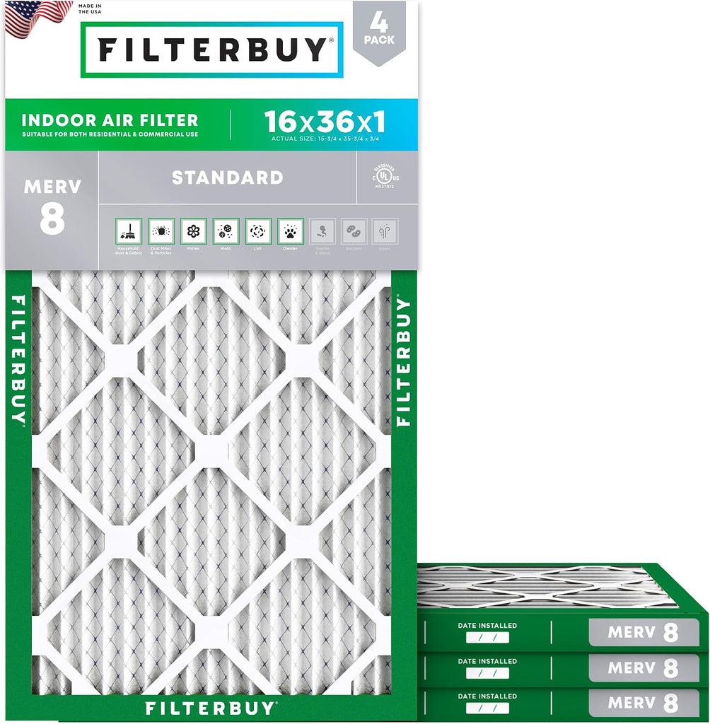 Filterbuy 16x36x1 Air Filter MERV 8 Dust & Allergy Defense (4-Pack)