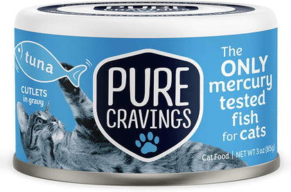 Pure Cravings Wet Cat Food Canned Tuna Cutlets in Gravy, 100% Mercury-Tested, Moist Can Fish for Cats, Grain-Free, Protein, Non-GMO, Pack of 12