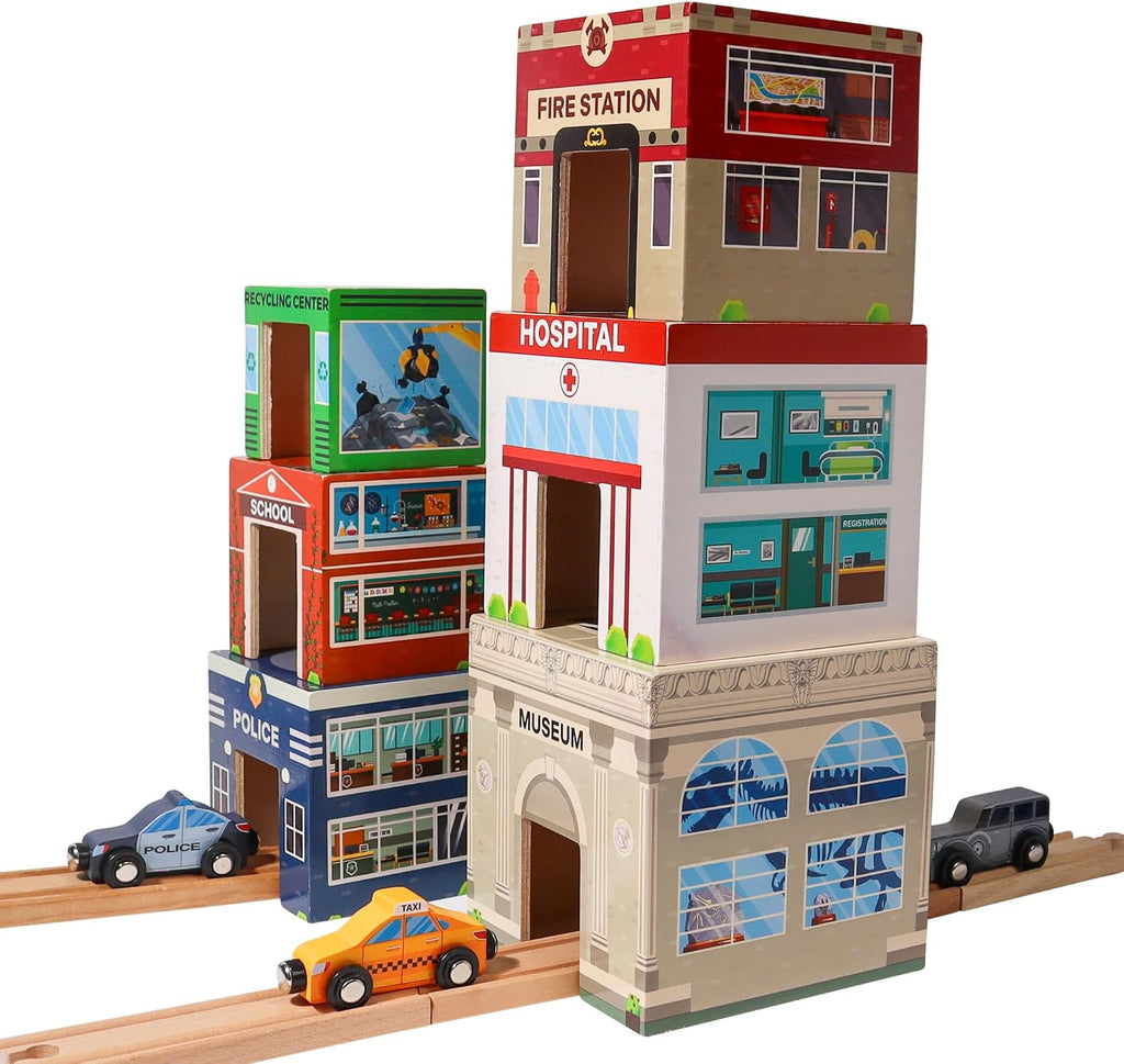6 Wooden Stacking City Buildings - Nesting Community Helpers Building Boxes - Wood Sorting Cubes Town Play Set for Mats,