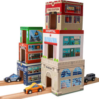 6 Wooden Stacking City Buildings - Nesting Community Helpers Building Boxes - Wood Sorting Cubes Town Play Set for Mats,