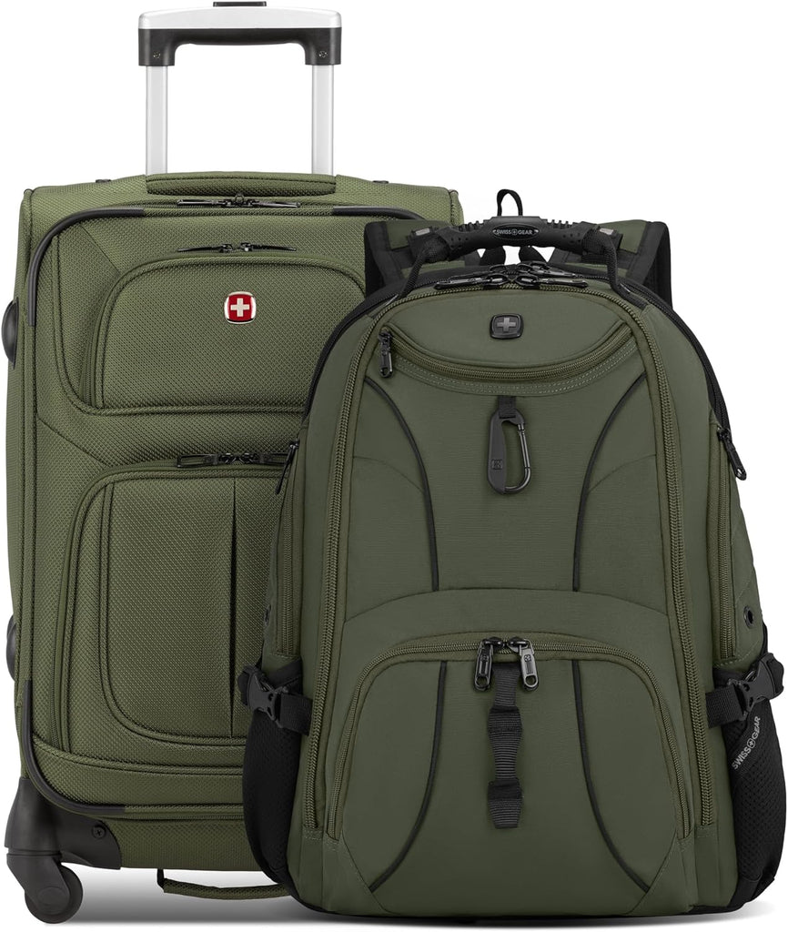 SWISSGEAR Sion 2-Piece Travel Set, Softside Expandable Carry-On Spinner Bundled with 1900 ScanSmart 17" Laptop Backpack with RFID Blocking & Tech Organization, Evergreen