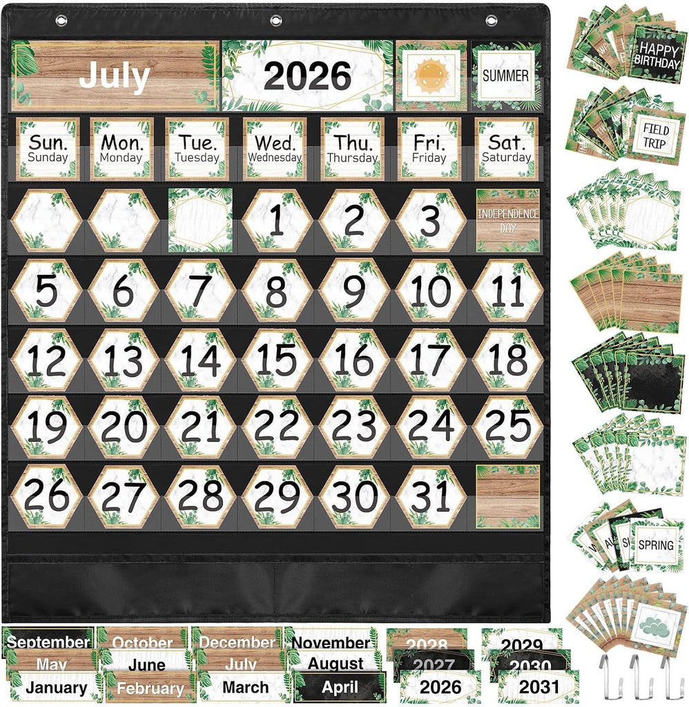 Fulmoon Classroom Calendar Pocket Chart Set Calendar Bulletin Board Set with Pocket Seasons Festival Weather Date Bag Ch