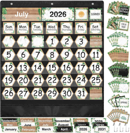 Fulmoon Classroom Calendar Pocket Chart Set Calendar Bulletin Board Set with Pocket Seasons Festival Weather Date Bag Chart for Classroom Decoration Back to School Supplie(Black,Greenery)