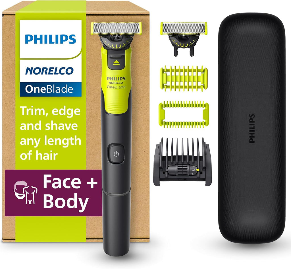 Philips Norelco OneBlade 360 with Connectivity Hybrid Face + Body, Electric Beard Trimmer, Shaver and Body Groomer Kit with 360 Blade Tech, 1x360 Blade, 5-in-1 Comb, Travel Case, Model QP4631/90 - OneBlade Face + Body / Black/Lime Green