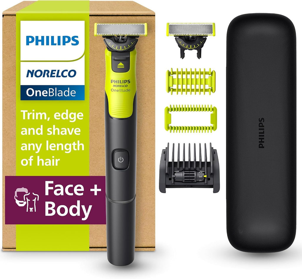Philips Norelco OneBlade 360 con conectividad híbrida cara + cuerpo, recortadora eléctrica de barba, afeitadora y peluquería corporal con tecnología de cuchillas 360, hoja 1 x 360, peine 5 en 1, estuc