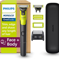 Philips Norelco OneBlade 360 con conectividad híbrida cara + cuerpo, recortadora eléctrica de barba, afeitadora y peluquería corporal con tecnología de cuchillas 360, hoja 1 x 360, peine 5 en 1, estuc