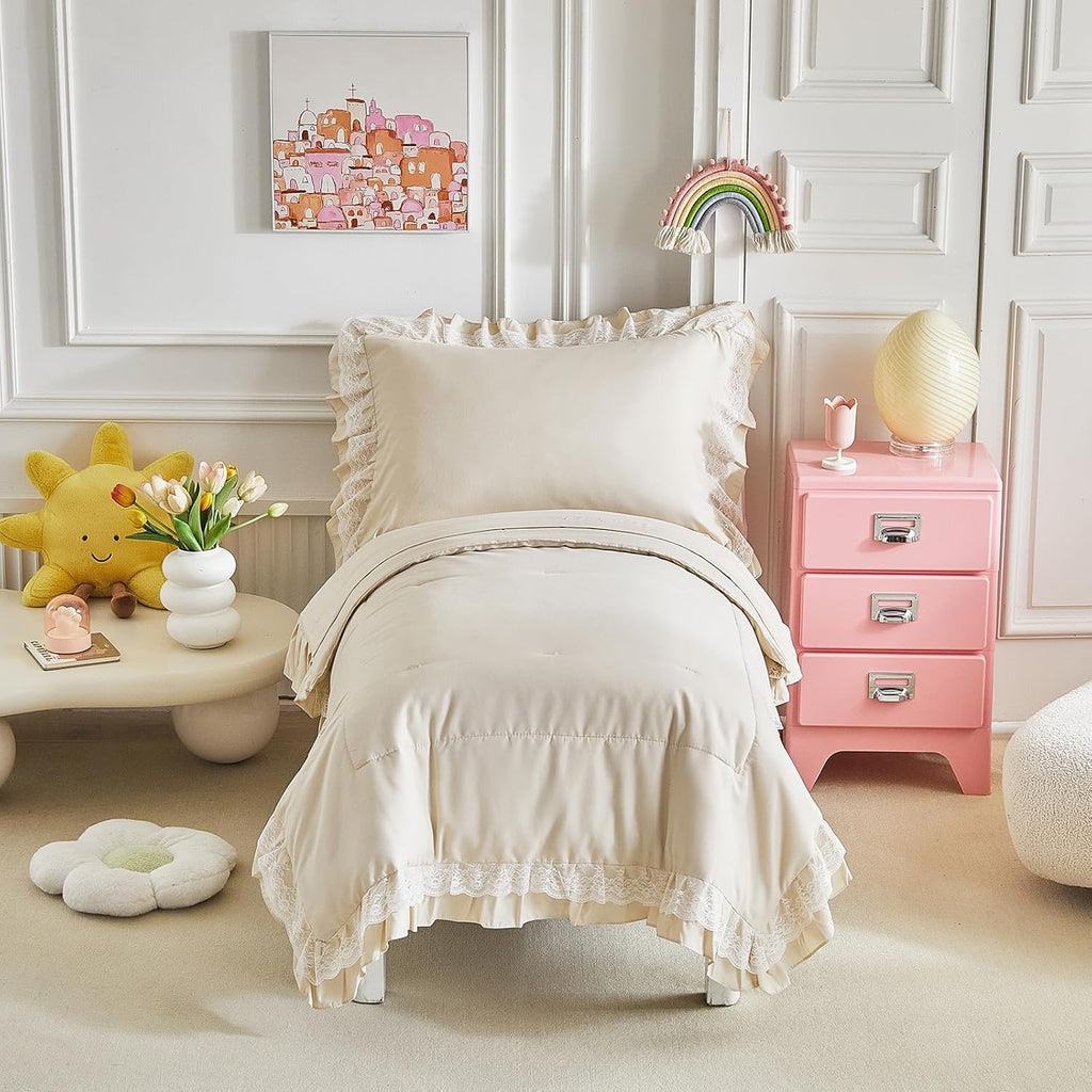 Ruffled Lace Toddler Bedding Set with Ruffle Fringe, Solid Color 4 Pieces Toddler Bed Set - 1 Cute Baby Comforter + 1 Fi