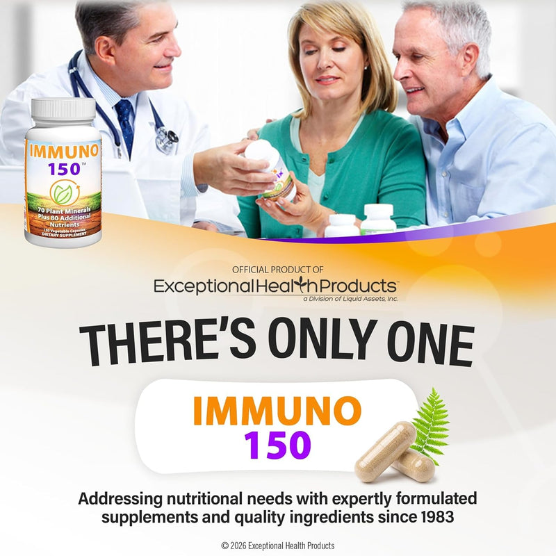 Immuno 150, suplemento para el sistema inmune, repleto de 70 minerales vegetales, 13 vitaminas esenciales y 68 nutrientes adicionales - 150 cápsulas vegetales - Refuerzo inmune para todos los grupos