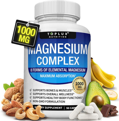 Toplux Complejo de magnesio Suplemento 8 Elemental 1000mg - Glicinato de magnesio, citrato, malato, taurato, quelado para una fácil absorción para huesos, músculos, recuperación, energía, vegano sin O