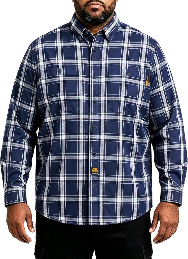 WORKWEYA Men's Flame Resistant Shirts 6.5oz Lightweight Plaid FR Button-Down Welding Shirts CAT2/NFPA2112 Navy
