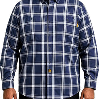 WORKWEYA Men's Flame Resistant Shirts 6.5oz Lightweight Plaid FR Button-Down Welding Shirts CAT2/NFPA2112 Navy