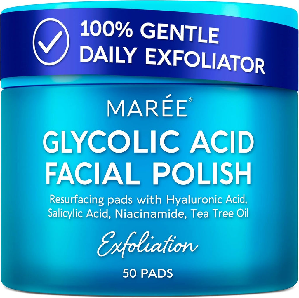 MAREE Almohadillas de ácido glicólico - Discos tonificantes para la limpieza facial - Disco exfoliante con aceite de árbol de té, ácido salicílico y vitaminas E, B3, B5 - Aparato para aclarar el acné