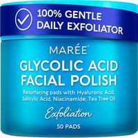 MAREE Almohadillas de ácido glicólico - Discos tonificantes para la limpieza facial - Disco exfoliante con aceite de árbol de té, ácido salicílico y vitaminas E, B3, B5 - Aparato para aclarar el acné