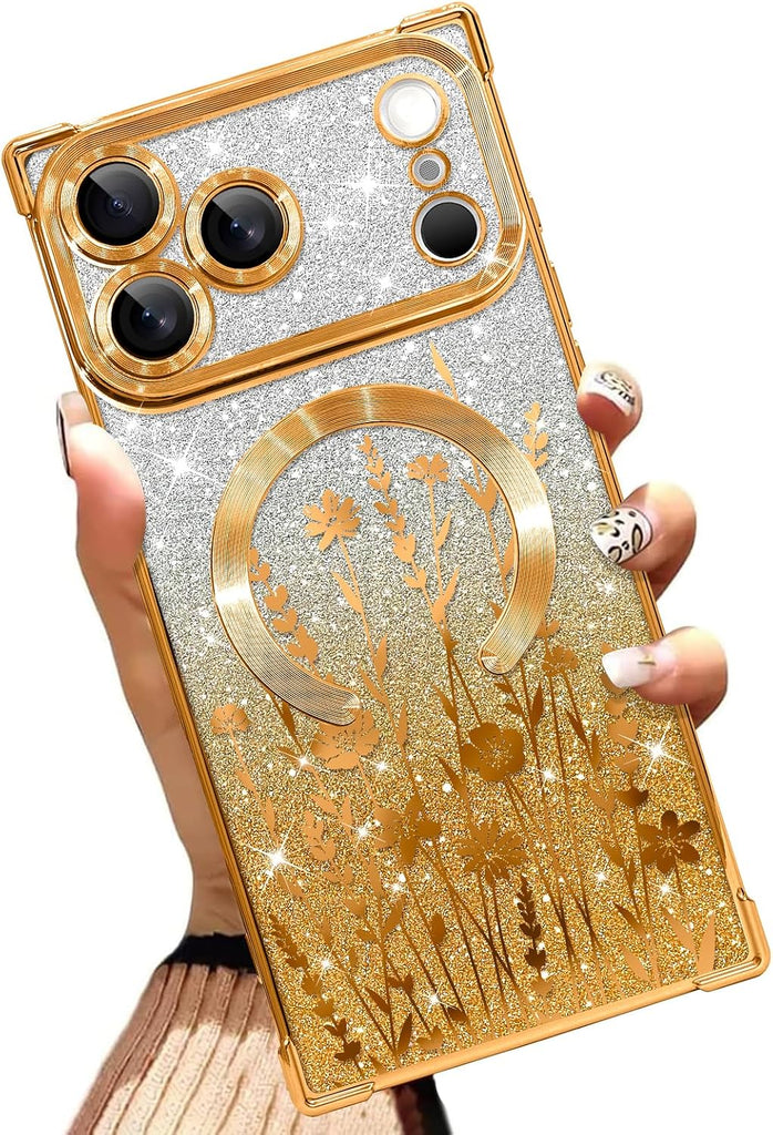 Illians Glitter Phone Case Made for iPhone 17 Pro Max 6.9 in, Gold Flowers