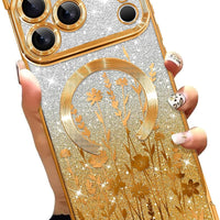 Illians Glitter Phone Case Made for iPhone 17 Pro Max 6.9 in, Gold Flowers