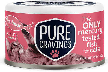 Pure Cravings Wet Cat Food Canned Salmon Cutlets in Gravy, 100% Mercury-Tested, Moist Can Fish for Cats, Grain-Free, Protein, Non-GMO, Pack of 12