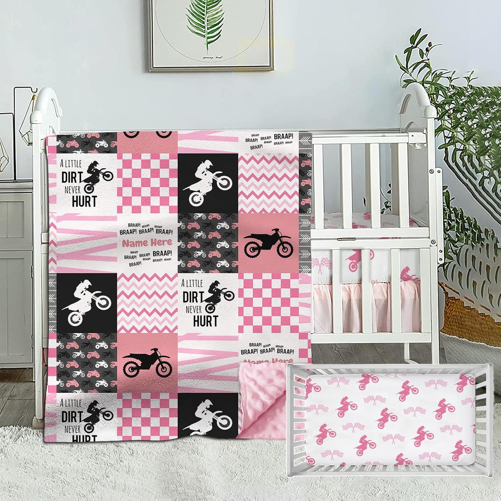 Munific Personalized Crib Bedding Set for Girls, Custom Baby Sets with Name, Motocross Dirt Bike Sets, 2 Piece Pink Moto