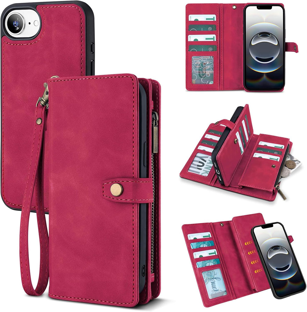 TwoHead Wallet Case for iPhone 16e / 17e,with 11 Card Holders,Wine Red