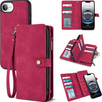 TwoHead Wallet Case for iPhone 16e / 17e,with 11 Card Holders,Wine Red