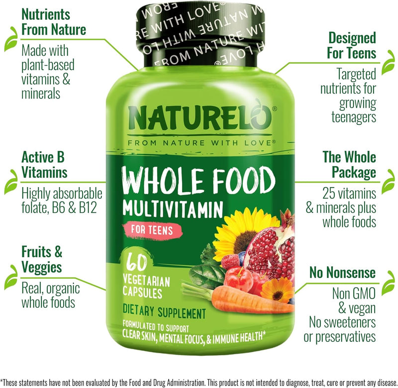 NATURELO NATURELO Multivitaminas para Adolescentes Niñas/Niños, 60 Cápsulas, Multivitamínico de Alimentos Integrales con Minerales, Sin OMG, Vegetariano