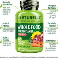 NATURELO NATURELO Multivitaminas para Adolescentes Niñas/Niños, 60 Cápsulas, Multivitamínico de Alimentos Integrales con Minerales, Sin OMG, Vegetariano