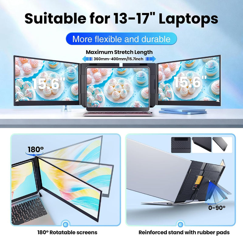 sharanix Laptop Screen Extender, 15.6" Ultra Light & Thin Triple Portable Monitor for Laptop with 1080P FHD IPS Display, Two Cable USB-C/HDMI Plug-Play Monitor Extender for Mac/Win/Android, Fits 13-17
