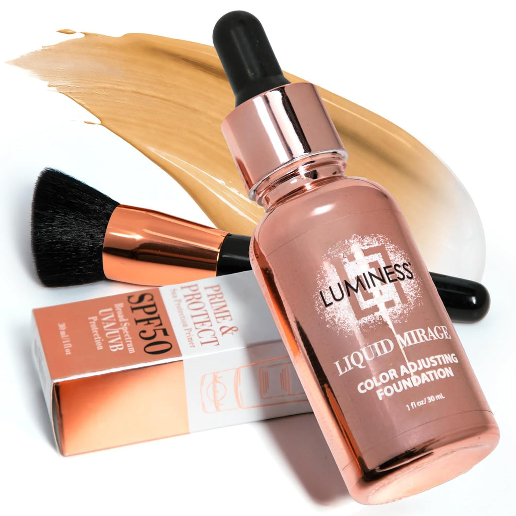 LUMINESS Liquid Mirage w/SPF 50 Color Adjusting Foundation Kit - Color Changing Foundation, SPF 50 Primer & Makeup Brush