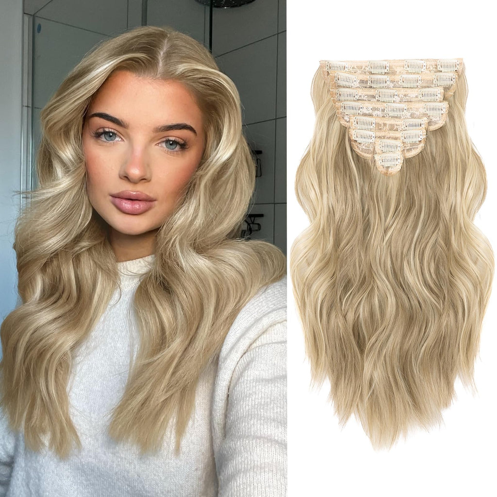 Hair Extensions for Women, 8PCS 16 Inch Ash Blonde Mixed Light Blonde Clip in Hair Extensions Clip Ins, Synthetic Wavy F
