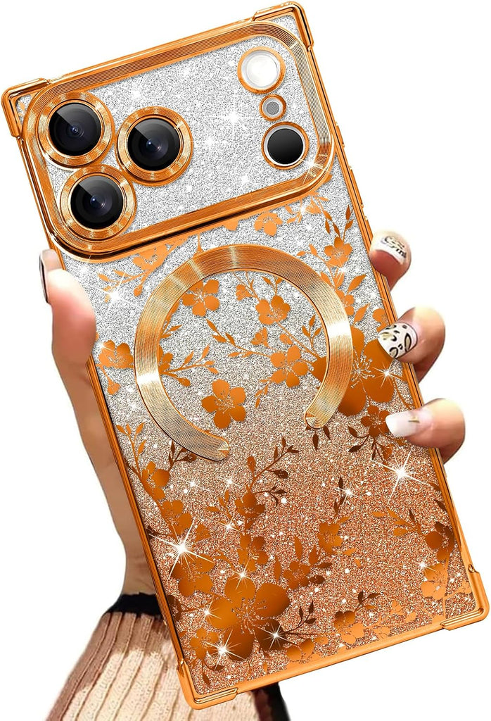 Illians Glitter Phone Case Made for iPhone 17 Pro Max 6.9 in, Orange Floral