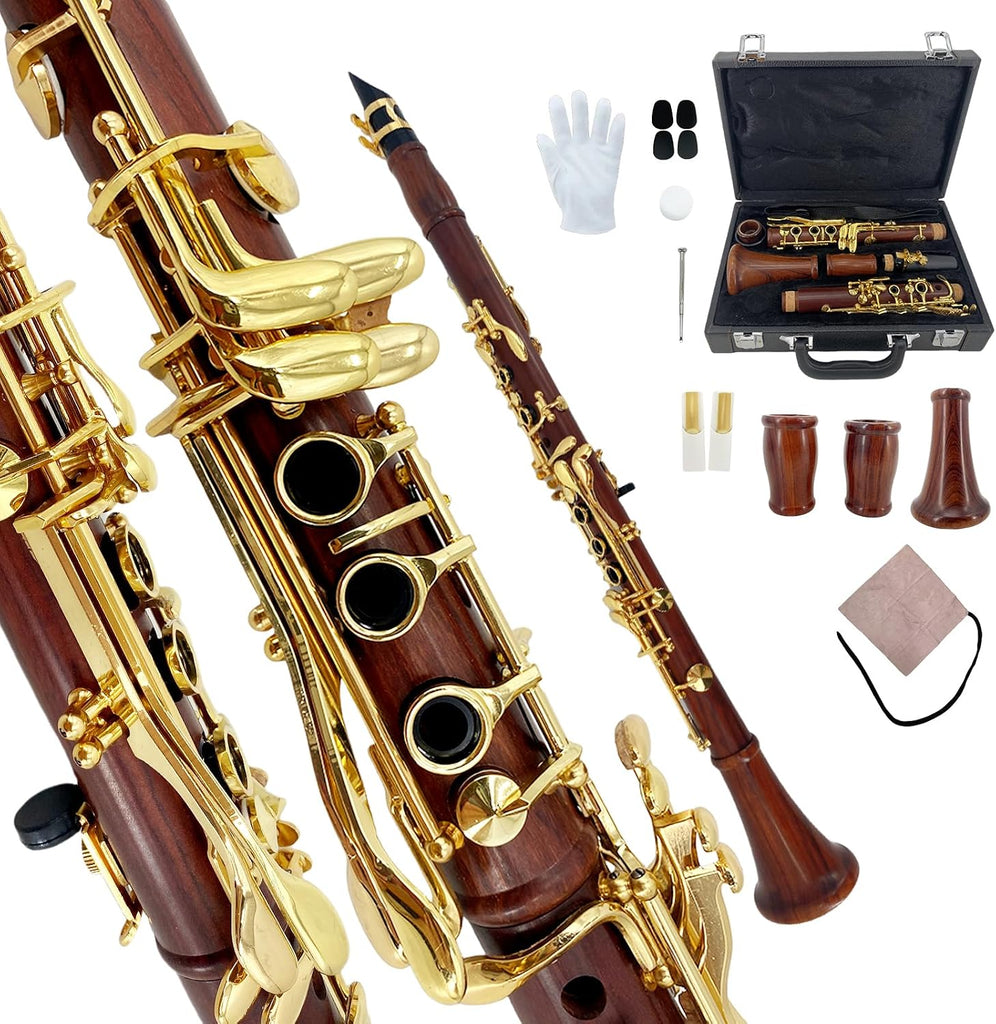 YoungMonic Bb Clarinet Rosewood Body Gold Keys Clarinets for Beginners Full Starter Set with Hard Case and Care Kits for