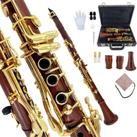 YoungMonic Bb Clarinet Rosewood Body Gold Keys Clarinets for Beginners Full Starter Set with Hard Case and Care Kits for