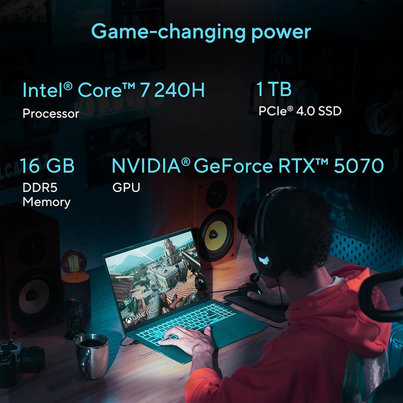 ASUS V16 16" WUXGA 144Hz Gaming Laptop, Intel® Core™ 7 240H, RTX™ 5070, 16GB DDR5 RAM, 1TB SSD, V3607VP-DS74, Matte Black