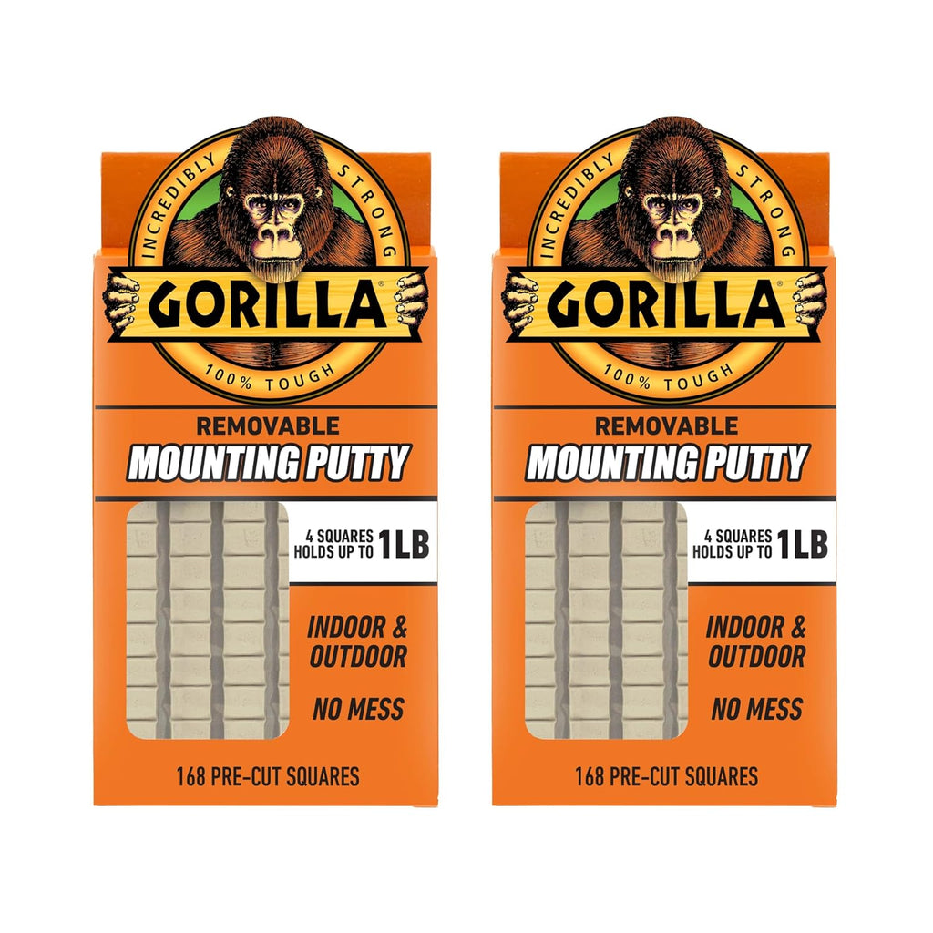 Gorilla Removable Mounting Putty Reusable & Repositionable Adhesive 168 Count Pre-Cut Squares (Pack of 2) Holds 2 lbs. B